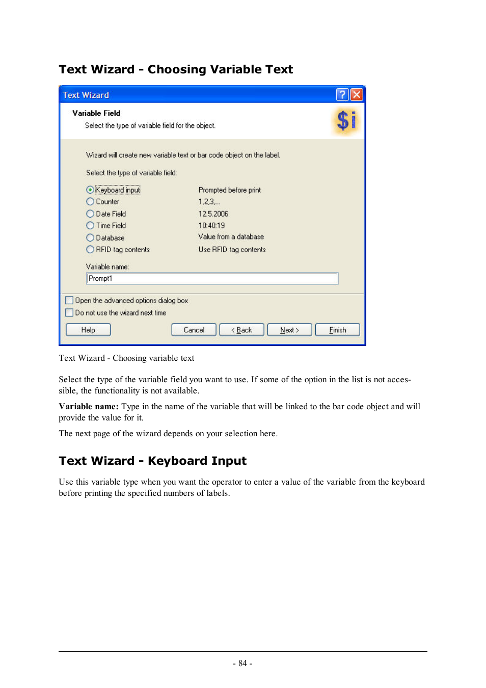 Text wizard - choosing variable text, Text wizard - keyboard input | QuickLabel Designer Pro User Manual | Page 84 / 194