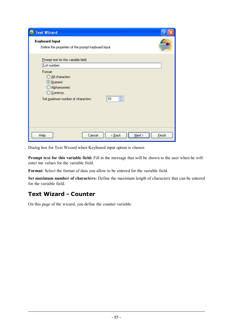 Text wizard - counter | QuickLabel Designer Pro User Manual | Page 85 / 194