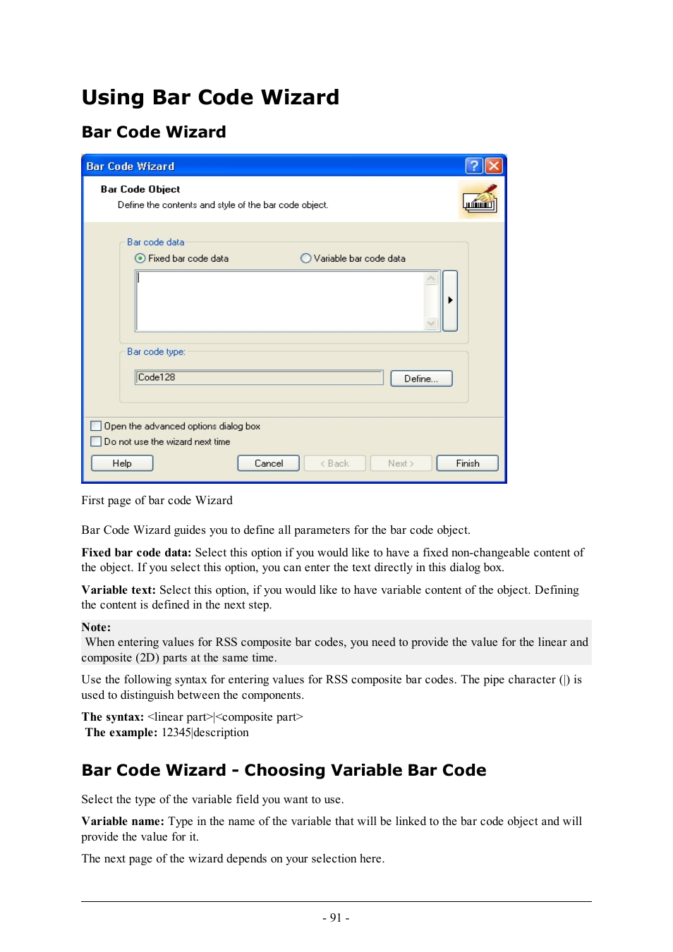 Using bar code wizard, Bar code wizard, Bar code wizard - choosing variable bar code | QuickLabel Designer Pro User Manual | Page 91 / 194