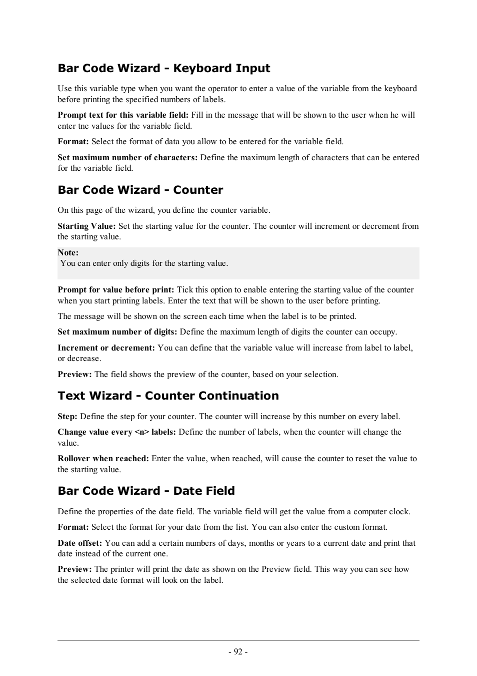 Bar code wizard - keyboard input, Bar code wizard - counter, Text wizard - counter continuation | Bar code wizard - date field | QuickLabel Designer Pro User Manual | Page 92 / 194