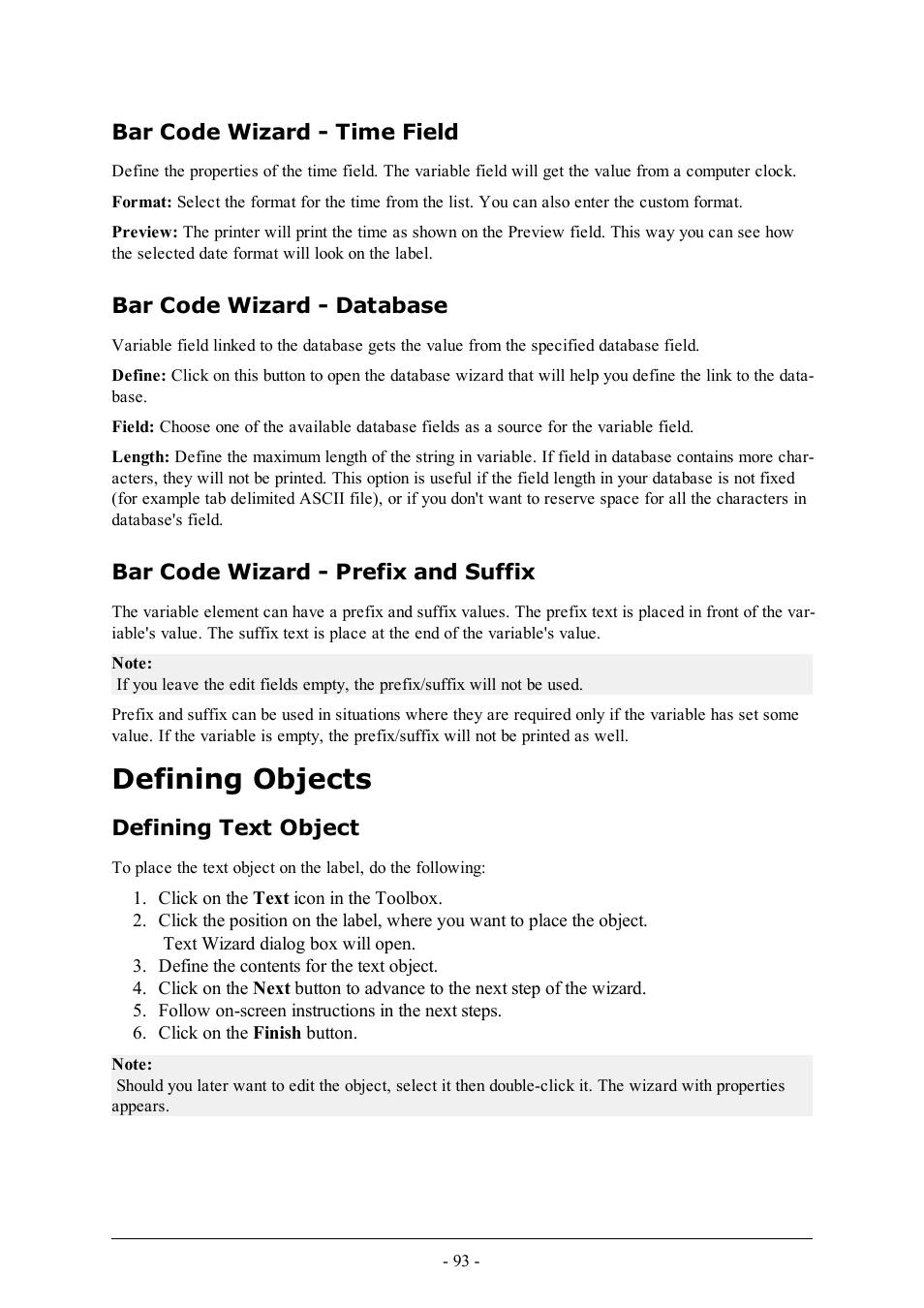 Bar code wizard - time field, Bar code wizard - database, Bar code wizard - prefix and suffix | Defining objects, Defining text object | QuickLabel Designer Pro User Manual | Page 93 / 194