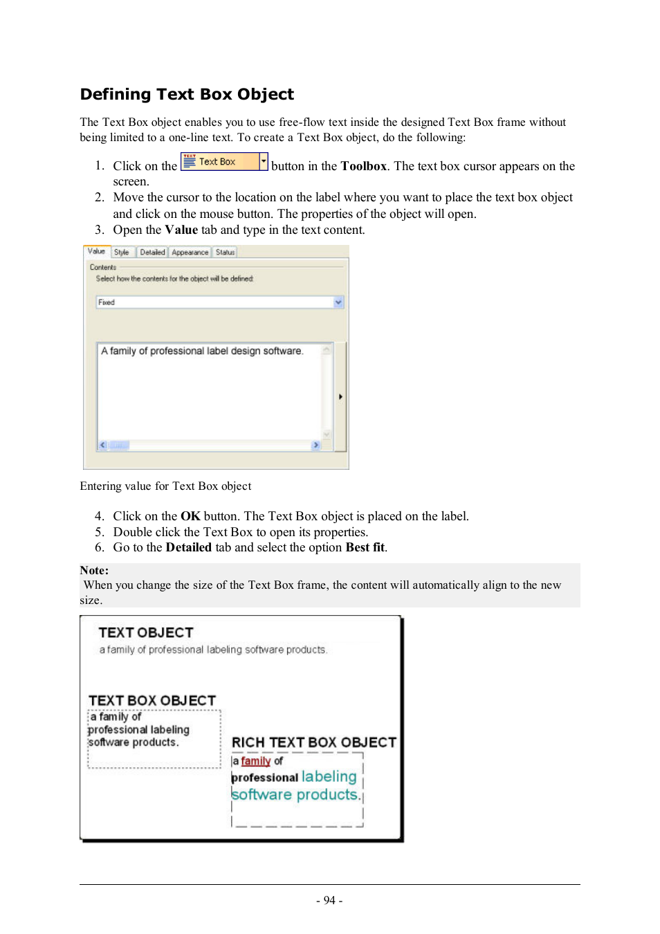 Defining text box object | QuickLabel Designer Pro User Manual | Page 94 / 194