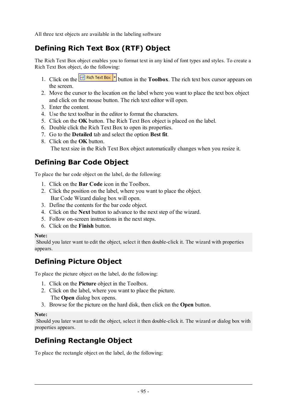 Defining rich text box (rtf) object, Defining bar code object, Defining picture object | Defining rectangle object | QuickLabel Designer Pro User Manual | Page 95 / 194