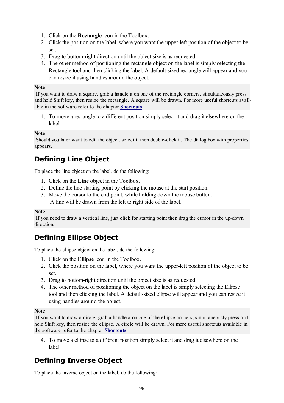 Defining line object, Defining ellipse object, Defining inverse object | QuickLabel Designer Pro User Manual | Page 96 / 194