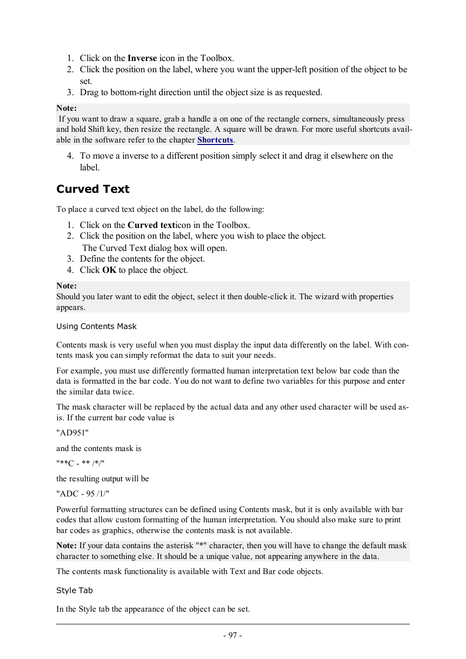 Curved text, Using contents mask, Style tab | QuickLabel Designer Pro User Manual | Page 97 / 194