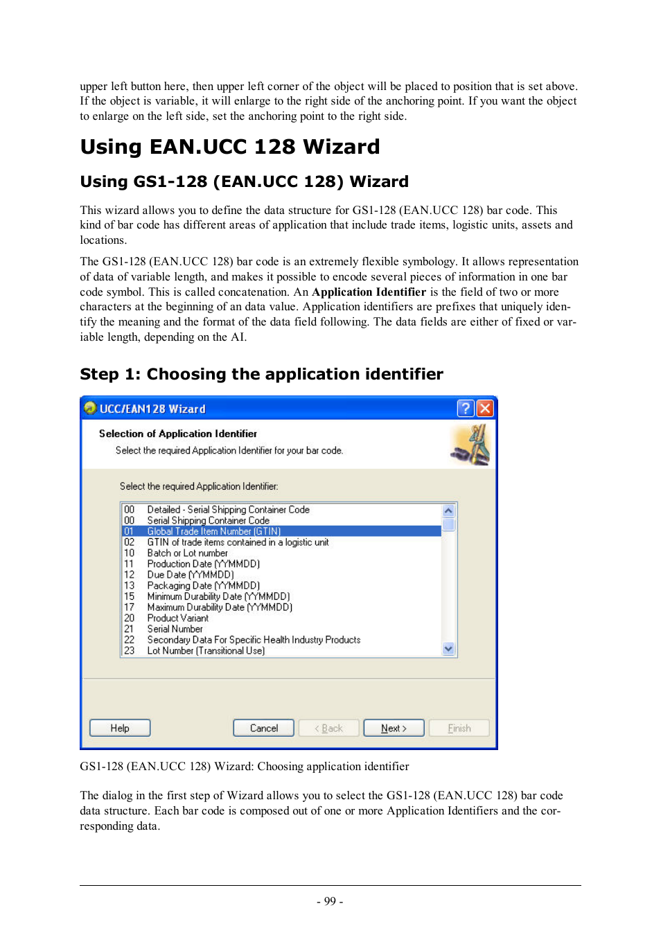 Using ean.ucc 128 wizard, Using gs1-128 (ean.ucc 128) wizard, Step 1: choosing the application identifier | QuickLabel Designer Pro User Manual | Page 99 / 194