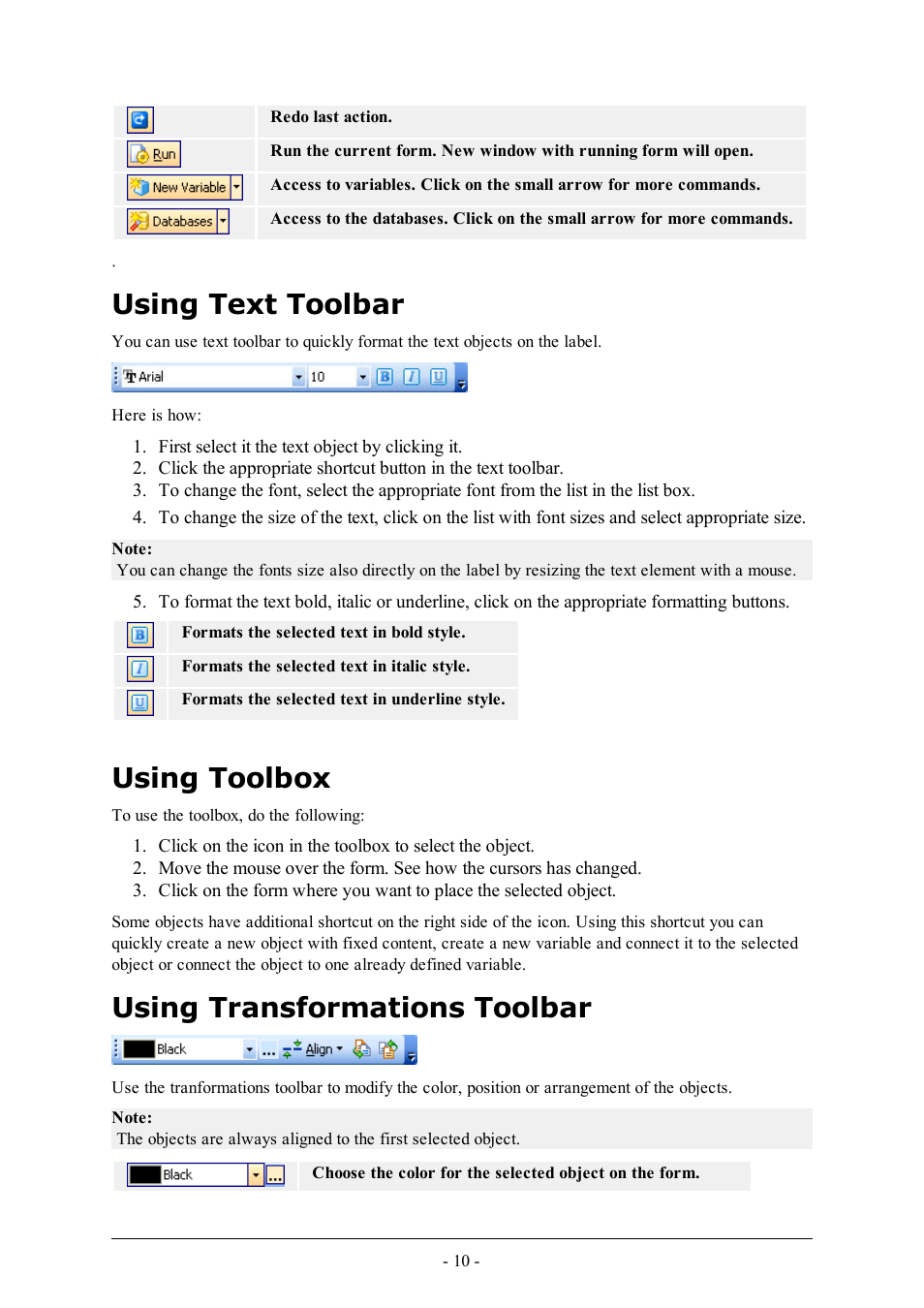 Using text toolbar, Using toolbox, Using transformations toolbar | QuickLabel PowerForms User Manual | Page 10 / 47