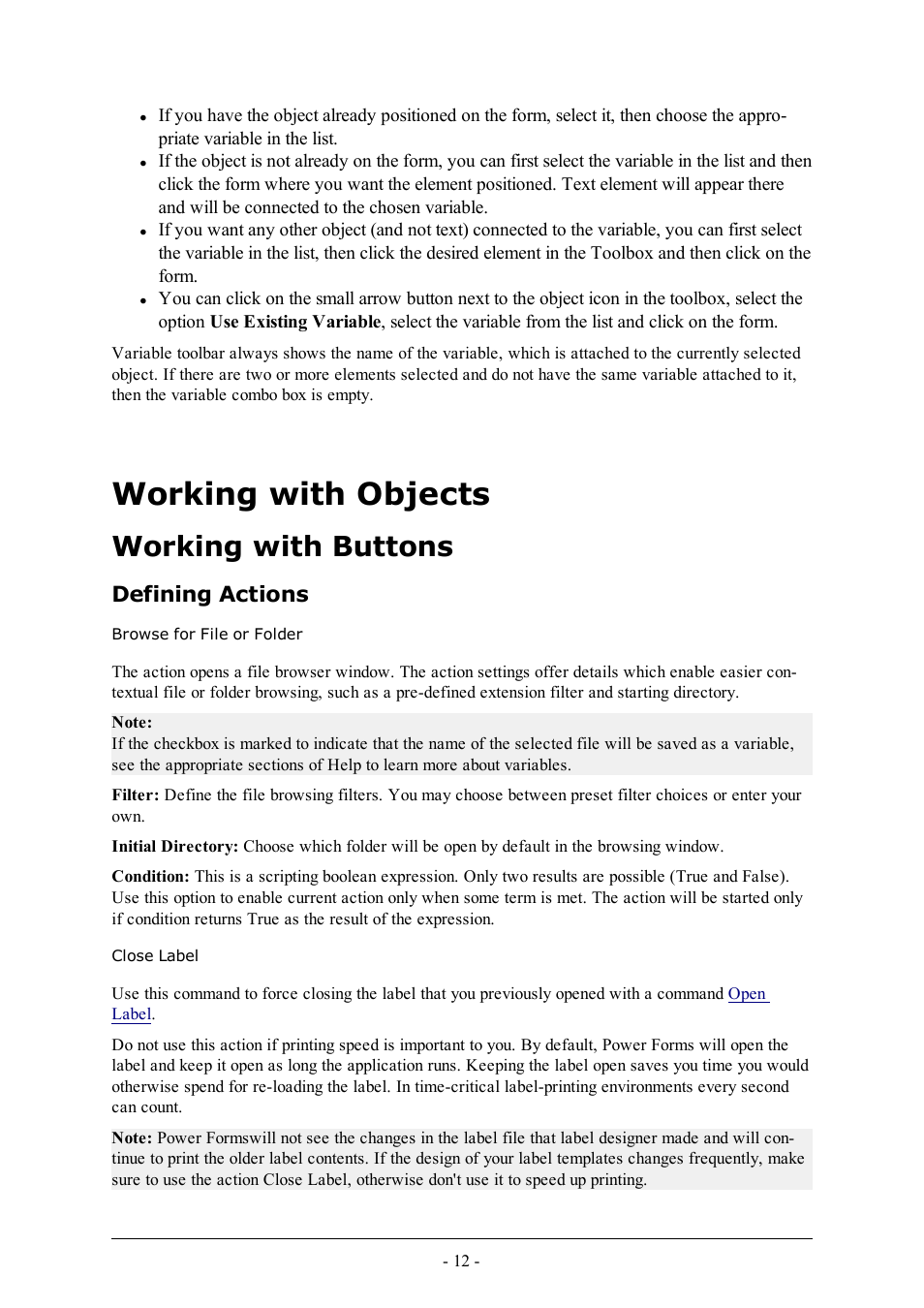 Working with objects, Working with buttons, Defining actions | Browse for file or folder, Close label | QuickLabel PowerForms User Manual | Page 12 / 47