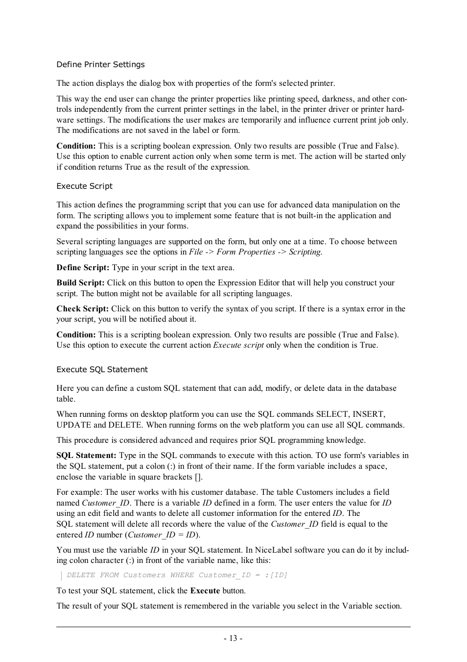 Define printer settings, Execute script, Execute sql statement | QuickLabel PowerForms User Manual | Page 13 / 47
