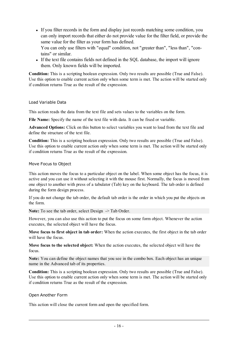 Load variable data, Move focus to object, Open another form | QuickLabel PowerForms User Manual | Page 16 / 47