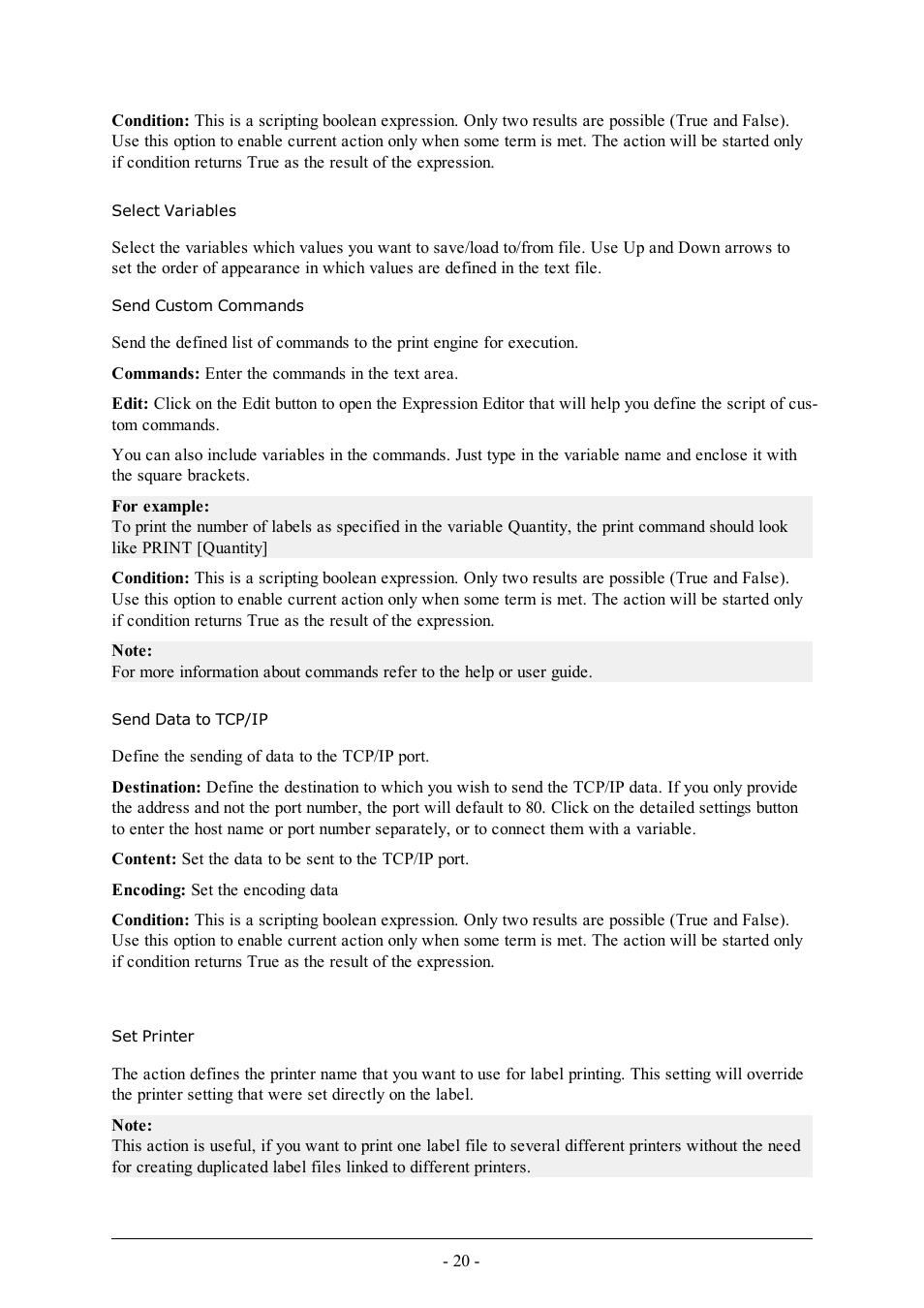Select variables, Send custom commands, Send data to tcp/ip | Set printer | QuickLabel PowerForms User Manual | Page 20 / 47