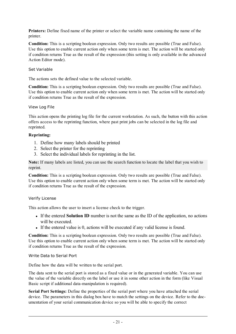 Set variable, View log file, Verify license | Write data to serial port | QuickLabel PowerForms User Manual | Page 21 / 47