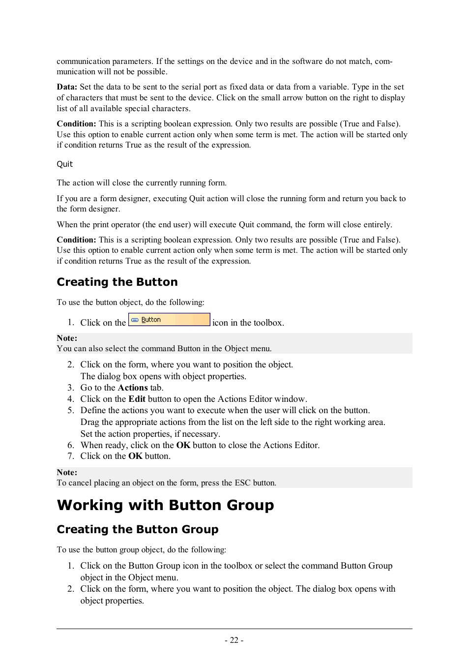 Quit, Creating the button, Working with button group | Creating the button group | QuickLabel PowerForms User Manual | Page 22 / 47