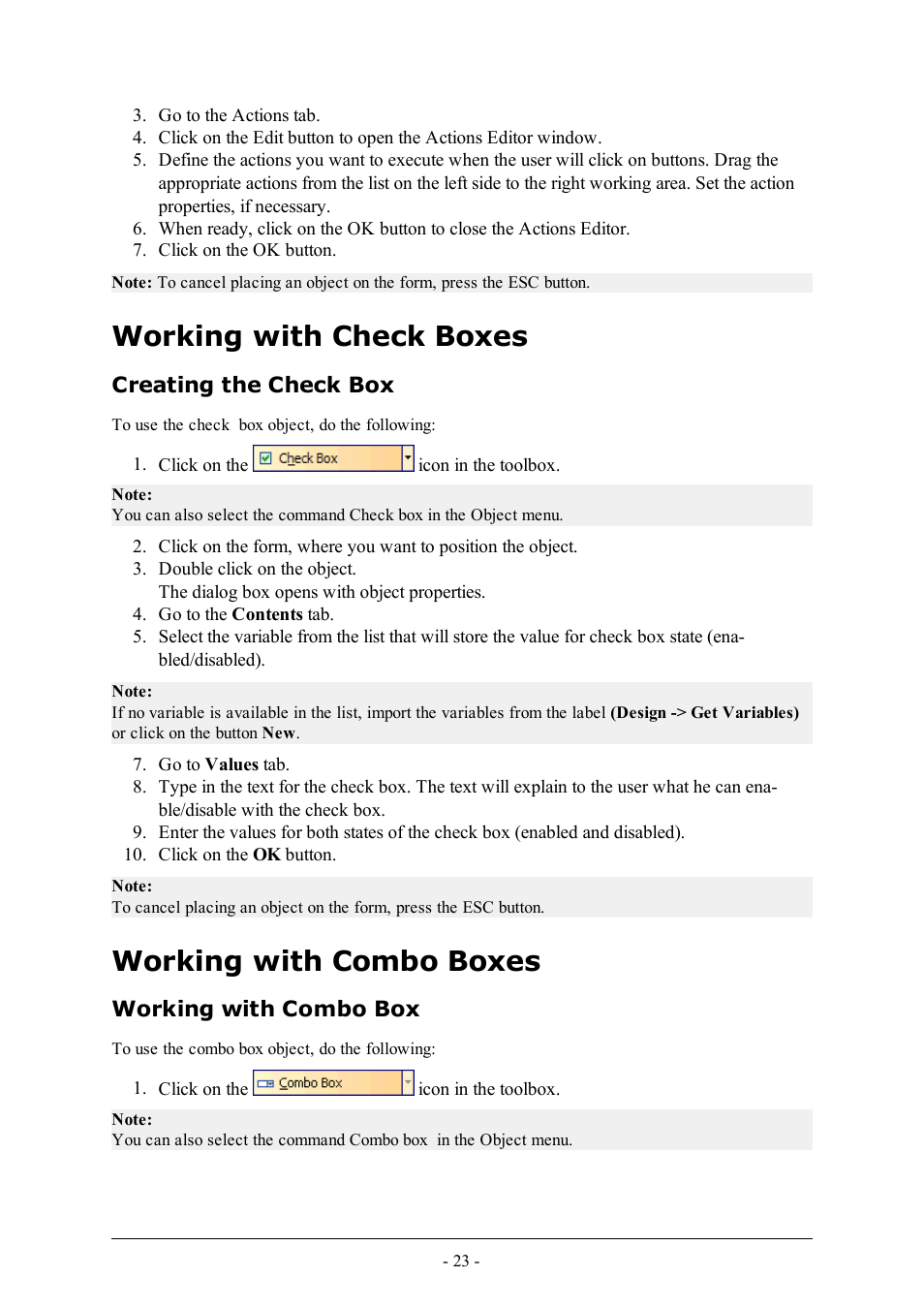 Working with check boxes, Creating the check box, Working with combo boxes | Working with combo box | QuickLabel PowerForms User Manual | Page 23 / 47