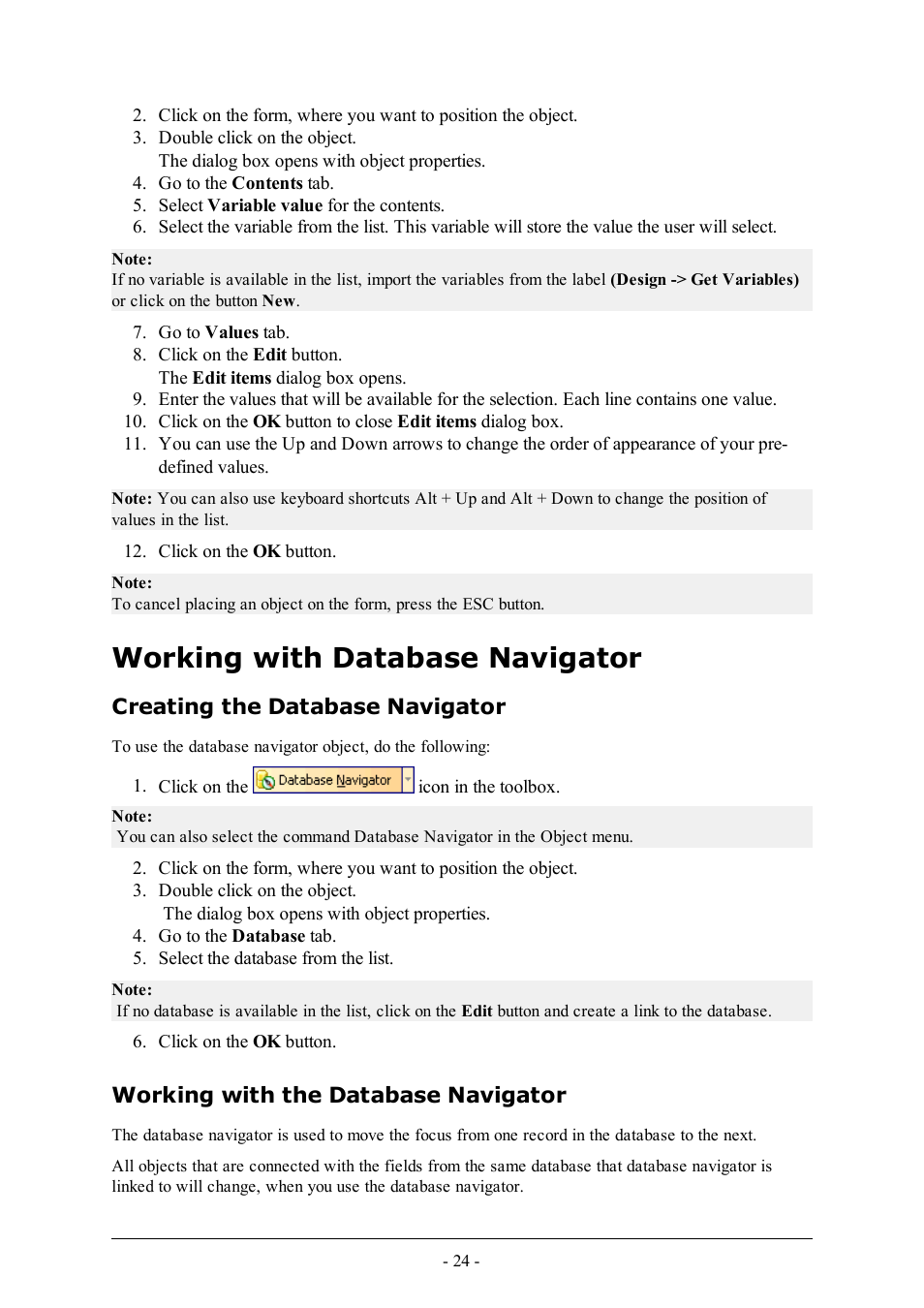 Working with database navigator, Creating the database navigator, Working with the database navigator | QuickLabel PowerForms User Manual | Page 24 / 47