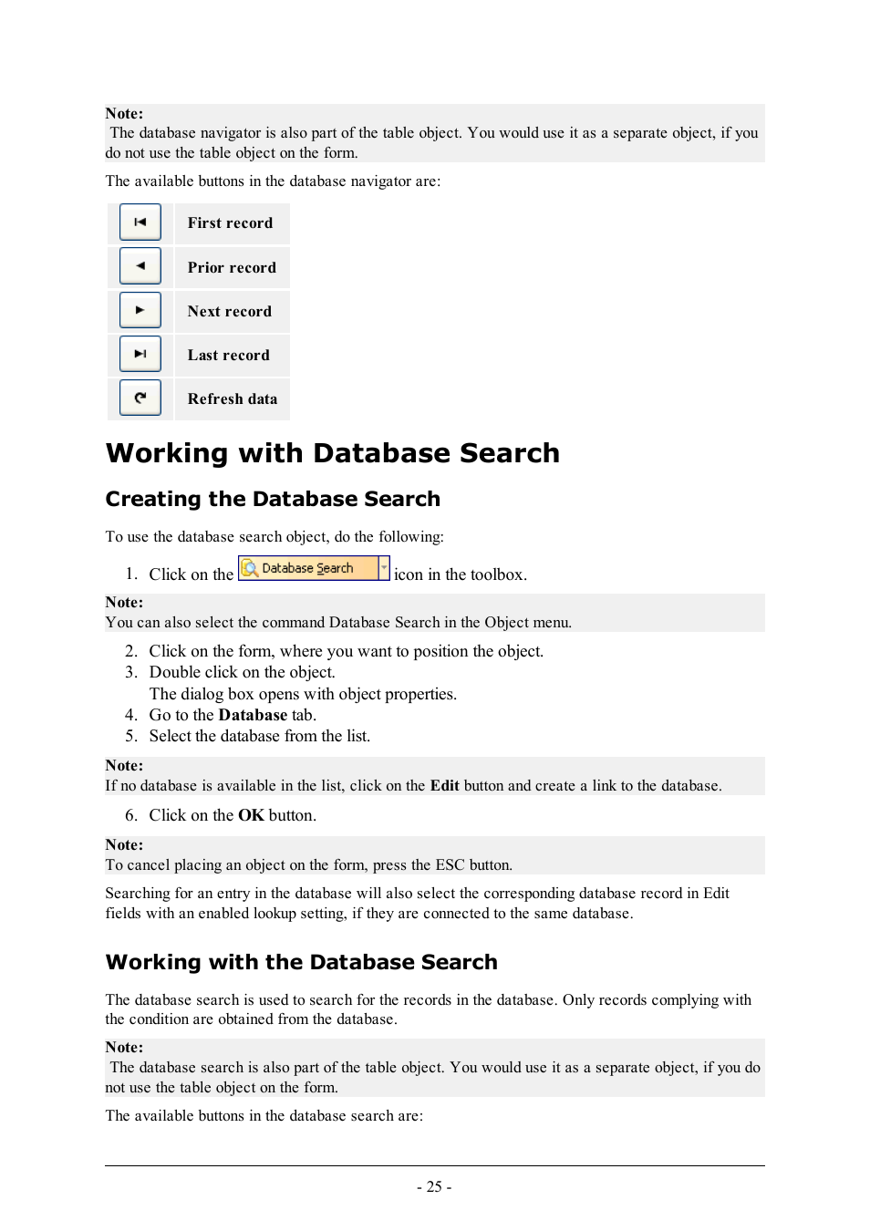 Working with database search, Creating the database search, Working with the database search | QuickLabel PowerForms User Manual | Page 25 / 47