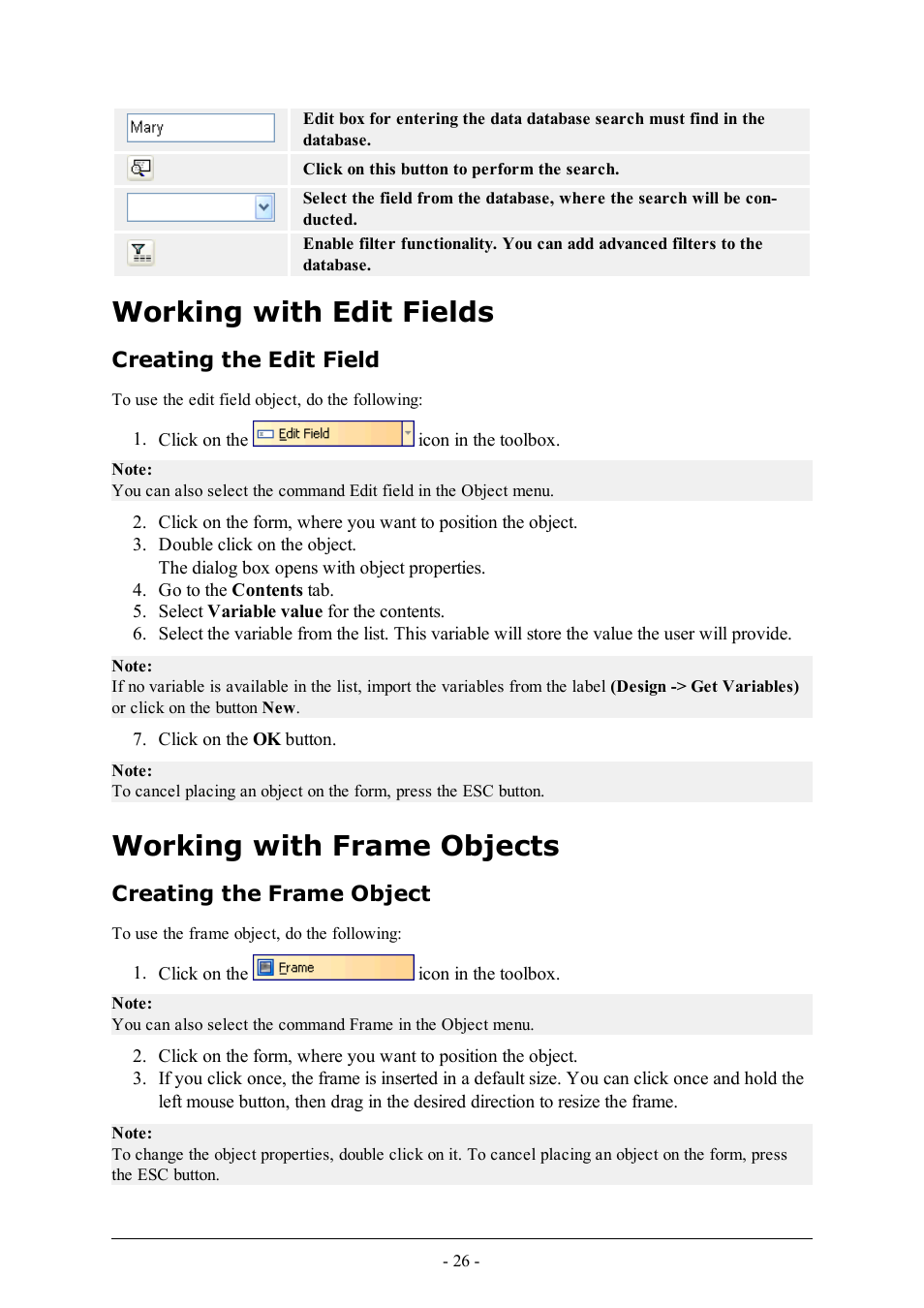 Working with edit fields, Creating the edit field, Working with frame objects | Creating the frame object | QuickLabel PowerForms User Manual | Page 26 / 47