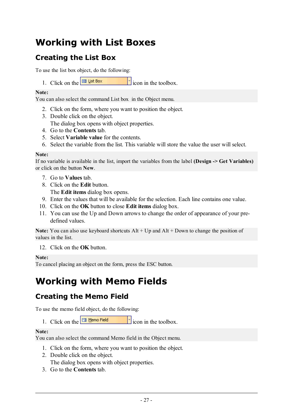 Working with list boxes, Creating the list box, Working with memo fields | Creating the memo field | QuickLabel PowerForms User Manual | Page 27 / 47