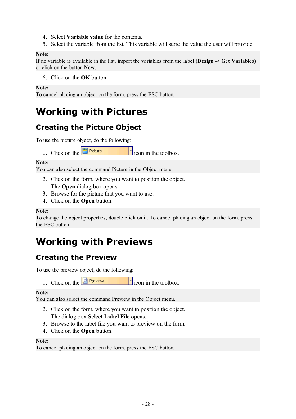 Working with pictures, Creating the picture object, Working with previews | Creating the preview | QuickLabel PowerForms User Manual | Page 28 / 47