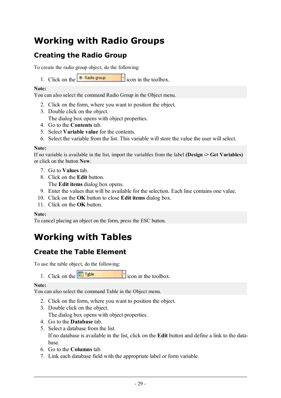 Working with radio groups, Creating the radio group, Working with tables | Create the table element | QuickLabel PowerForms User Manual | Page 29 / 47