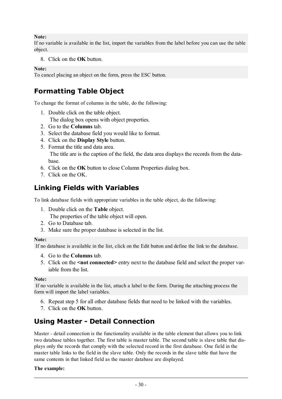 Formatting table object, Linking fields with variables, Using master - detail connection | QuickLabel PowerForms User Manual | Page 30 / 47