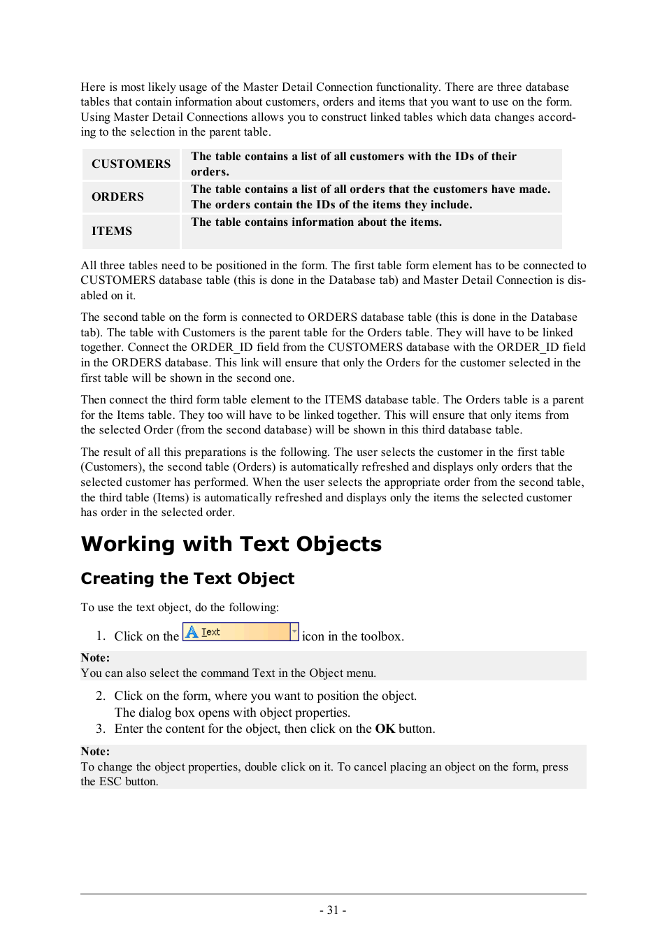 Working with text objects, Creating the text object | QuickLabel PowerForms User Manual | Page 31 / 47