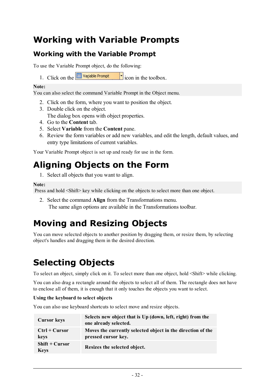 Working with variable prompts, Working with the variable prompt, Aligning objects on the form | Moving and resizing objects, Selecting objects | QuickLabel PowerForms User Manual | Page 32 / 47