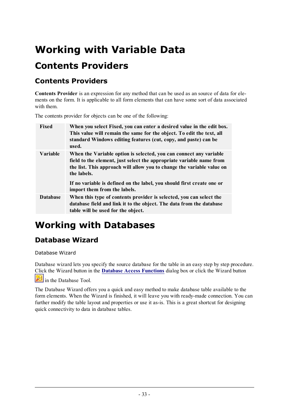 Working with variable data, Contents providers, Working with databases | Database wizard | QuickLabel PowerForms User Manual | Page 33 / 47