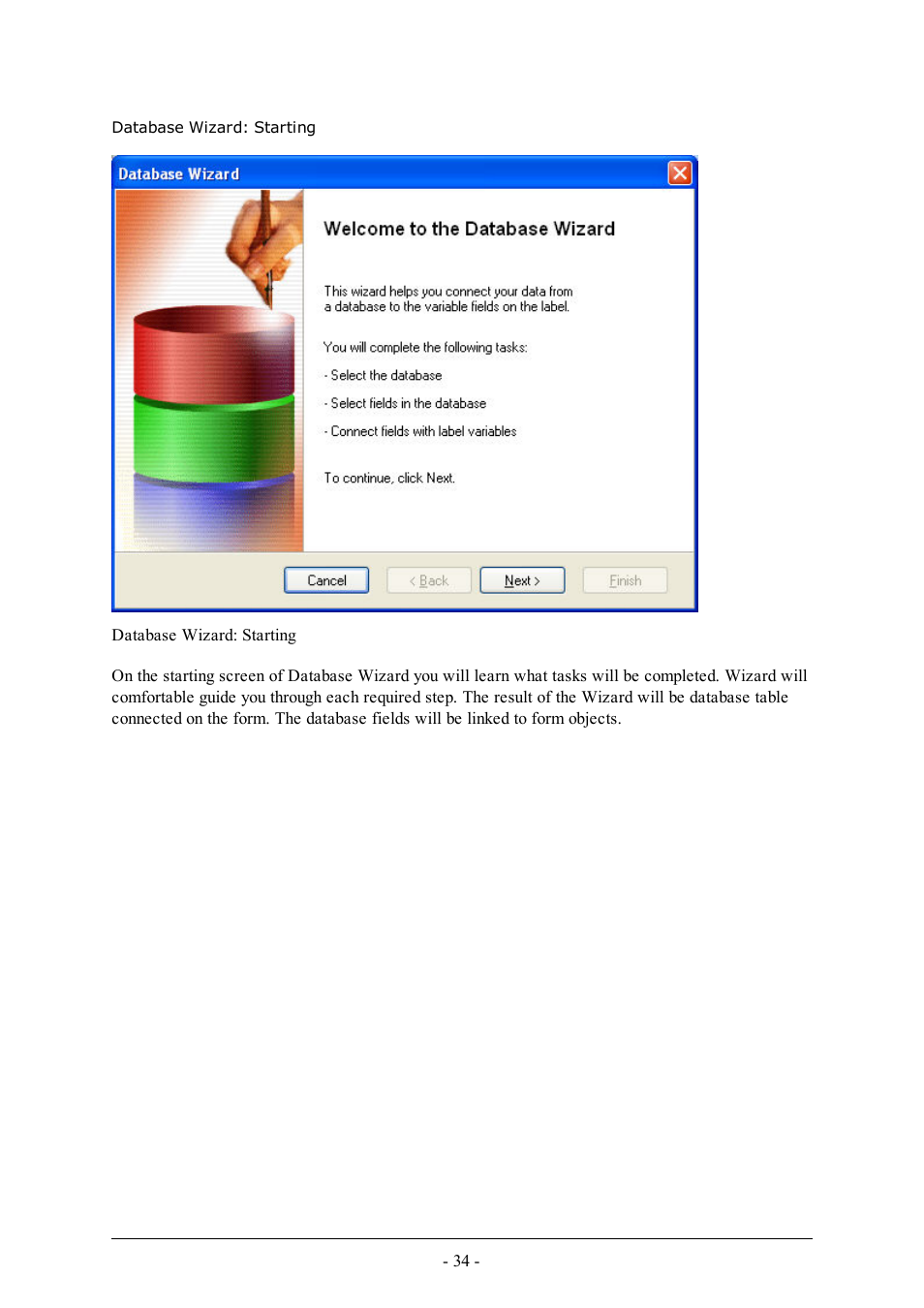 Database wizard: starting | QuickLabel PowerForms User Manual | Page 34 / 47