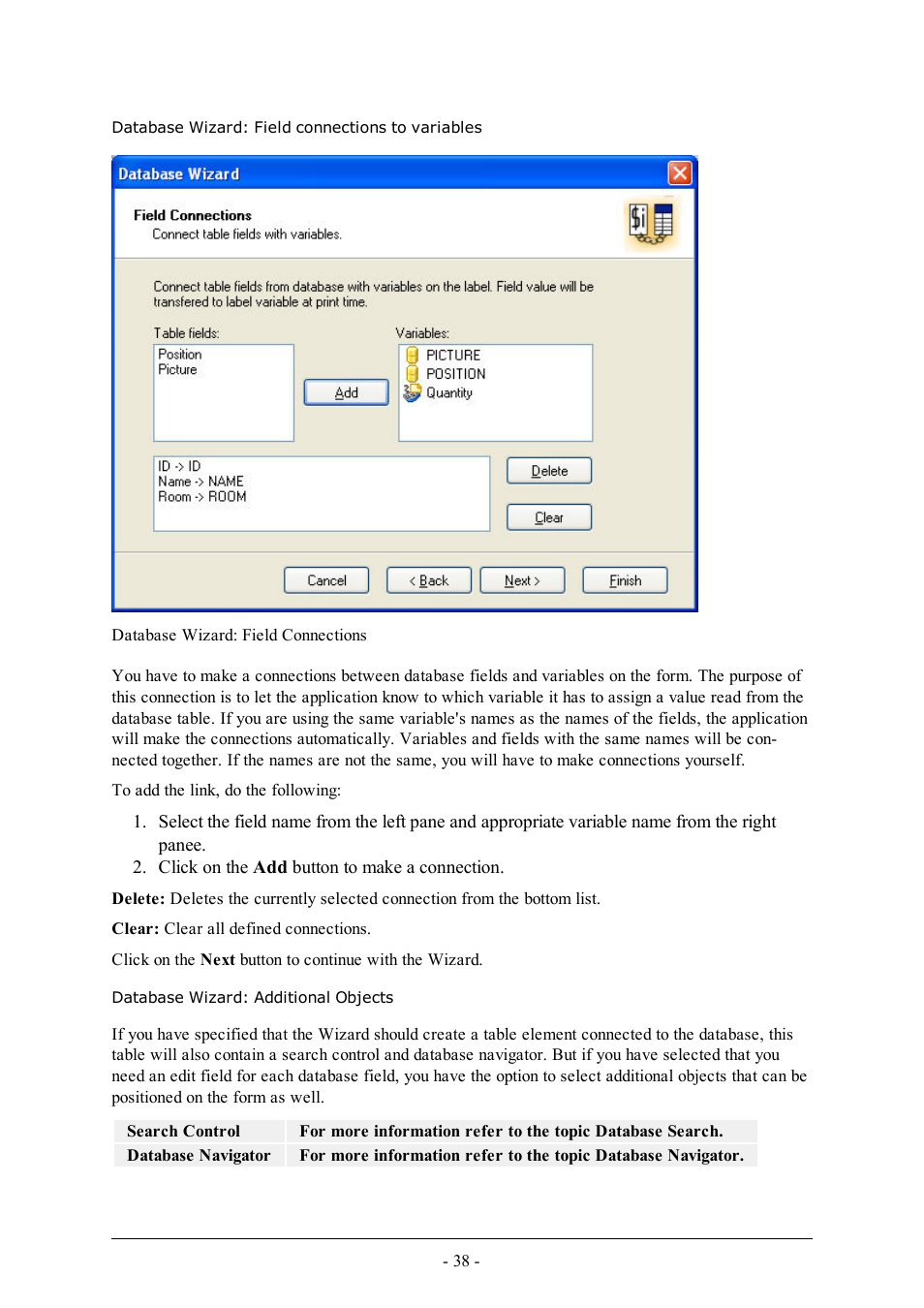 Database wizard: field connections to variables, Database wizard: additional objects | QuickLabel PowerForms User Manual | Page 38 / 47