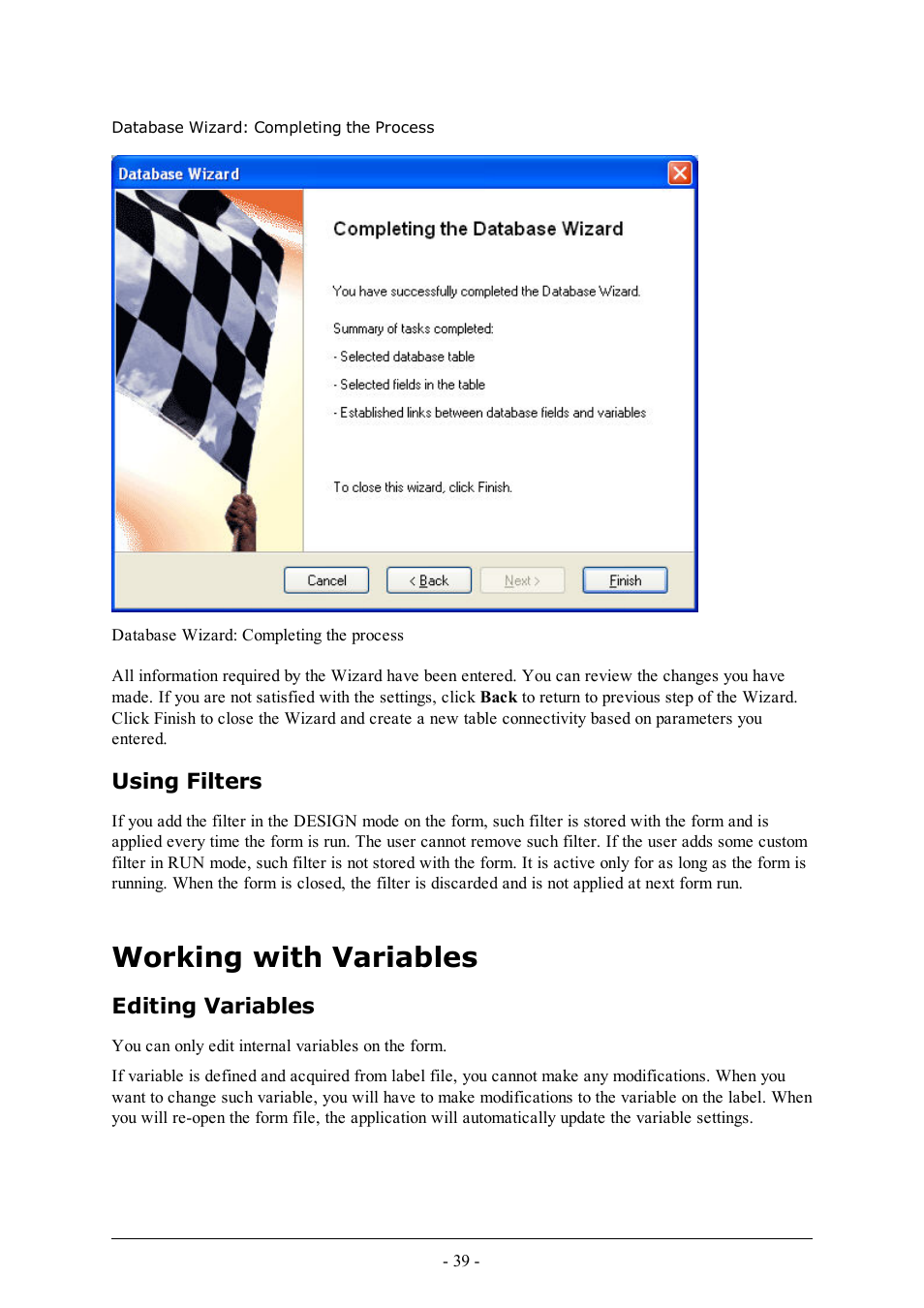 Database wizard: completing the process, Using filters, Working with variables | Editing variables | QuickLabel PowerForms User Manual | Page 39 / 47