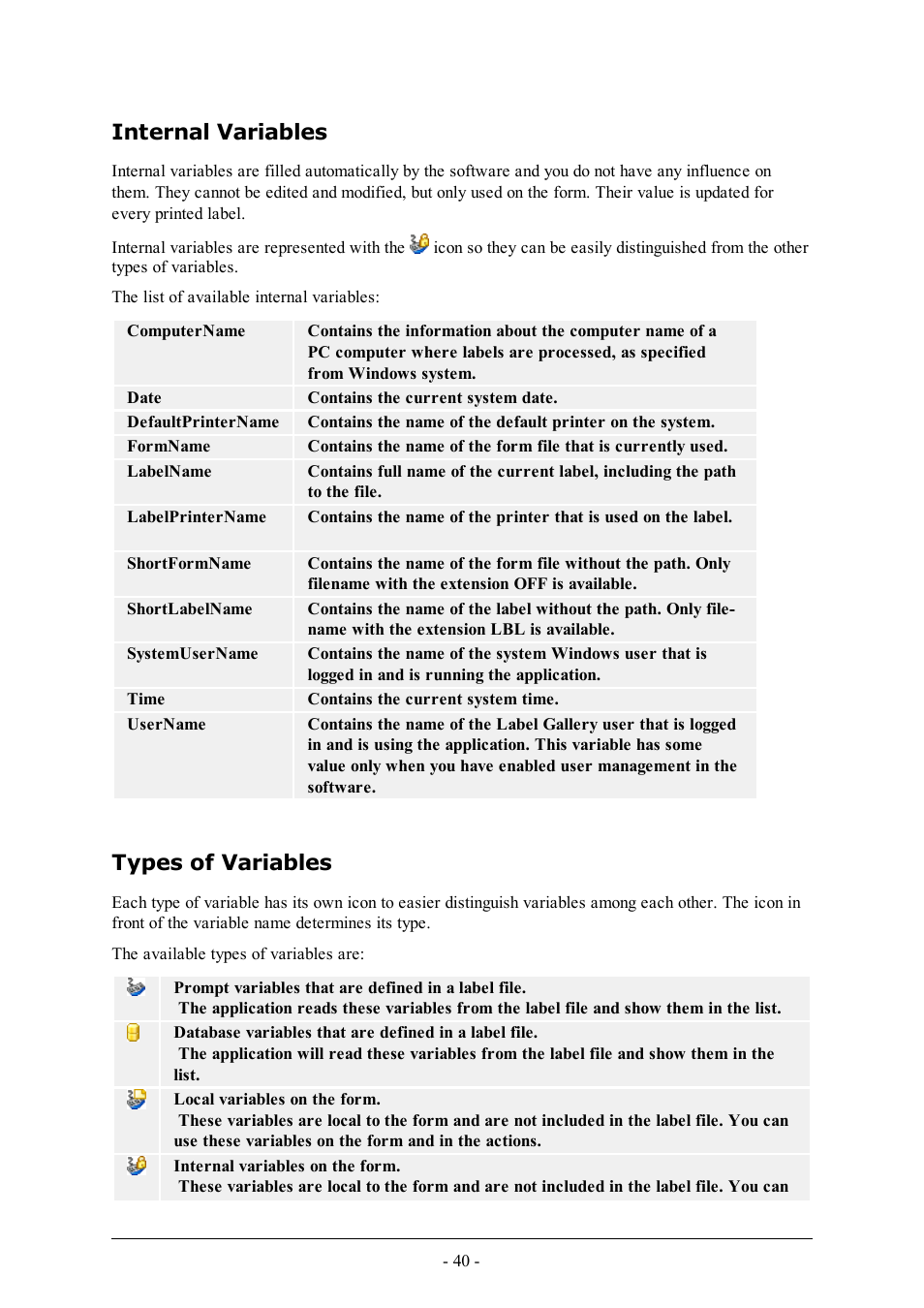 Internal variables, Types of variables | QuickLabel PowerForms User Manual | Page 40 / 47