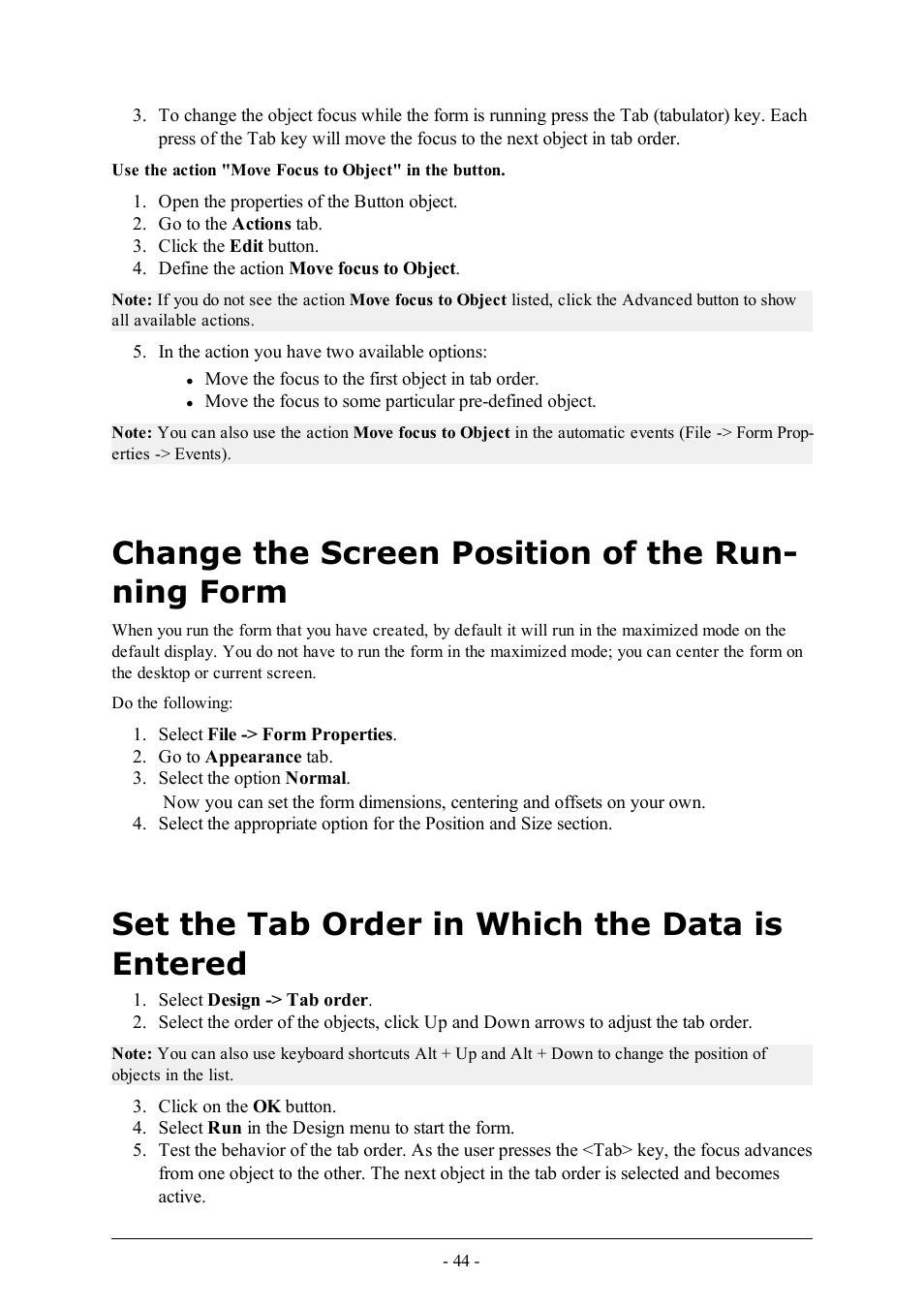 Change the screen position of the running form, Set the tab order in which the data is entered, Change the screen position of the run- ning form | QuickLabel PowerForms User Manual | Page 44 / 47