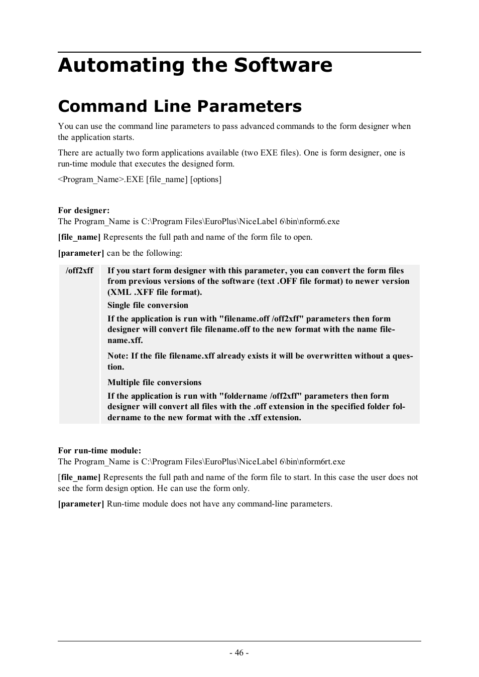 Automating the software, Command line parameters | QuickLabel PowerForms User Manual | Page 46 / 47