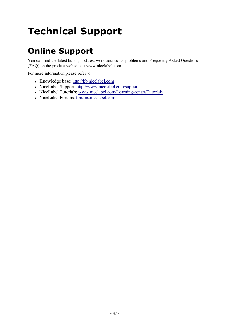 Technical support, Online support | QuickLabel PowerForms User Manual | Page 47 / 47