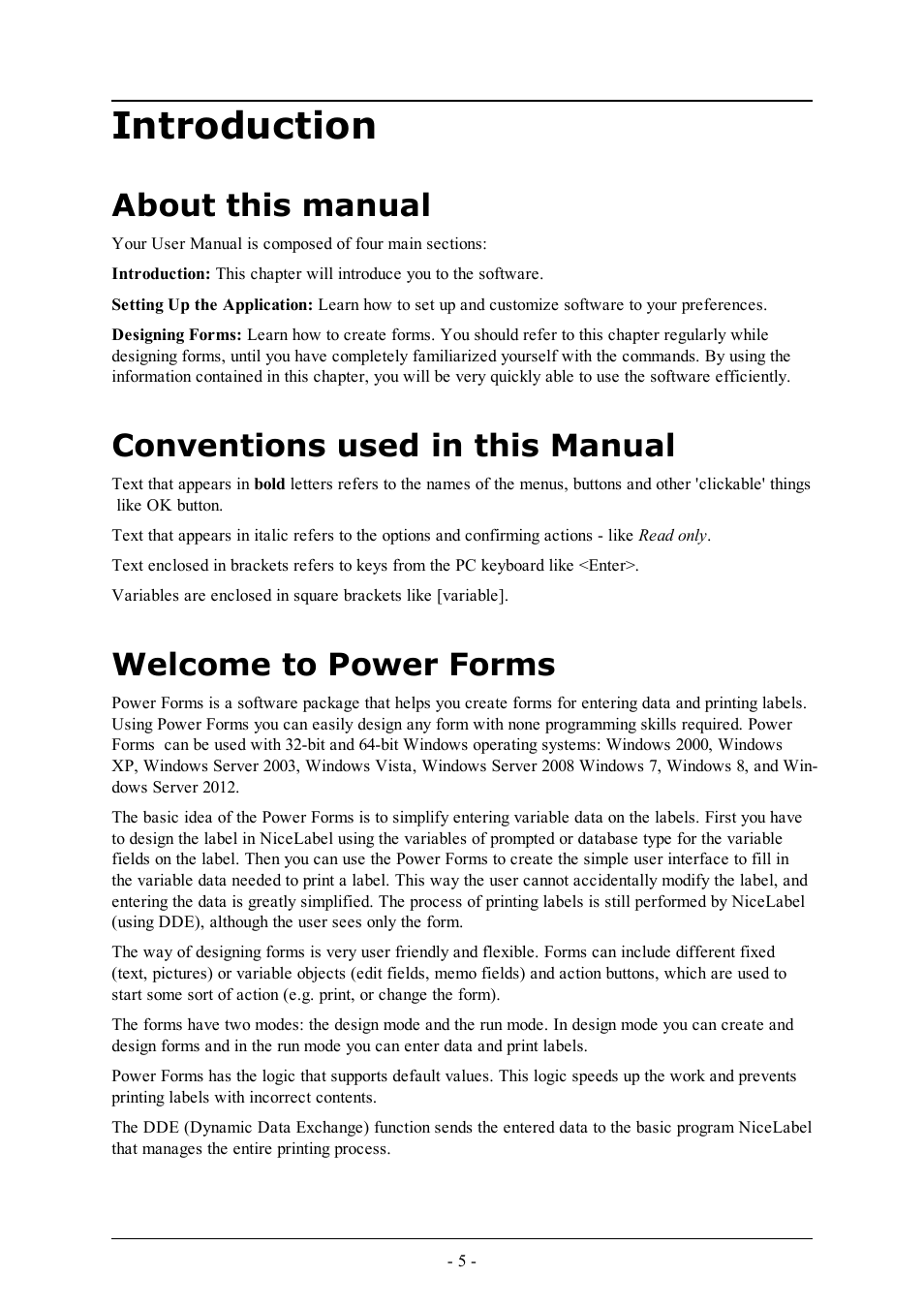 Introduction, About this manual, Conventions used in this manual | Welcome to power forms | QuickLabel PowerForms User Manual | Page 5 / 47