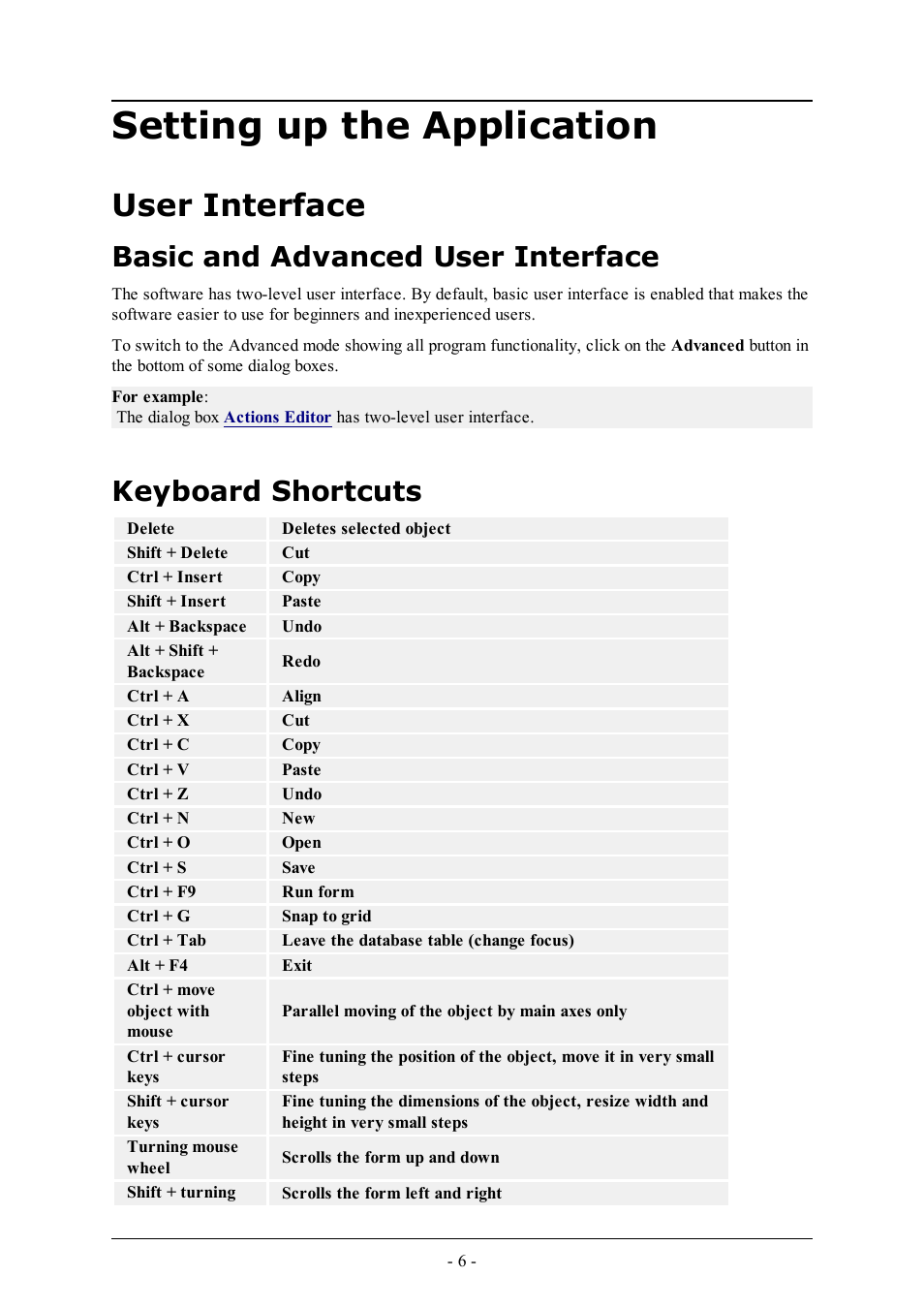 Setting up the application, User interface, Basic and advanced user interface | Keyboard shortcuts | QuickLabel PowerForms User Manual | Page 6 / 47