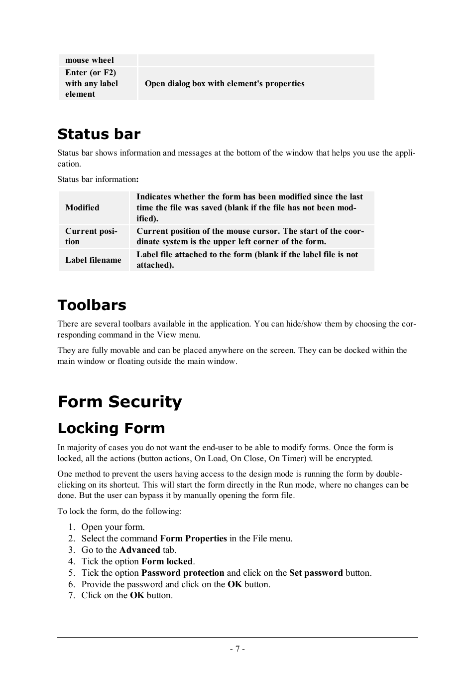 Status bar, Toolbars, Form security | Locking form | QuickLabel PowerForms User Manual | Page 7 / 47