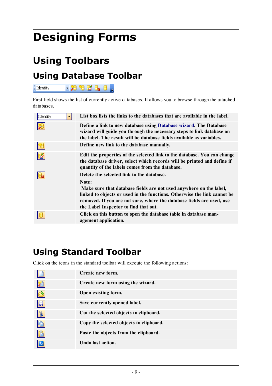 Designing forms, Using toolbars, Using database toolbar | Using standard toolbar | QuickLabel PowerForms User Manual | Page 9 / 47