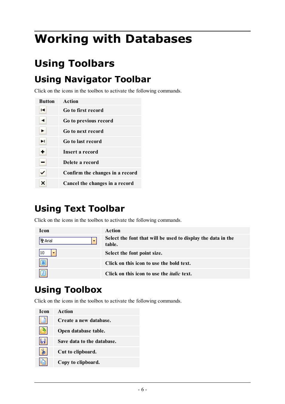 Working with databases, Using toolbars, Using navigator toolbar | Using text toolbar, Using toolbox | QuickLabel NiceData User Manual | Page 6 / 12