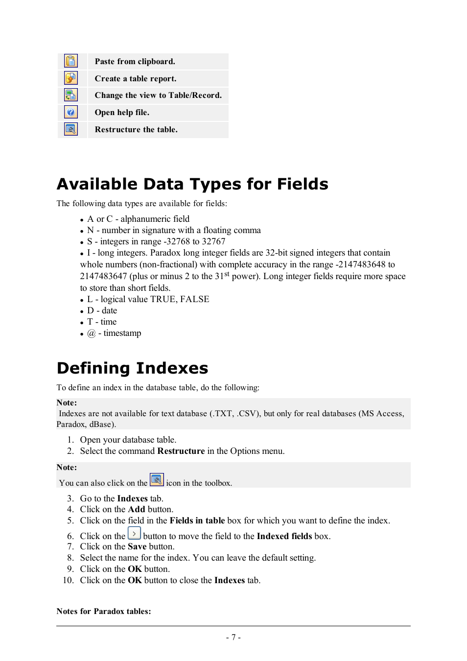 Available data types for fields, Defining indexes | QuickLabel NiceData User Manual | Page 7 / 12