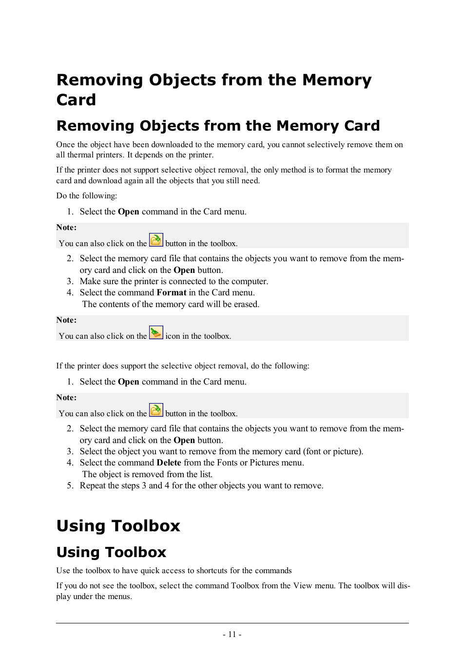 Removing objects from the memory card, Using toolbox | QuickLabel NiceMemMaster User Manual | Page 11 / 13