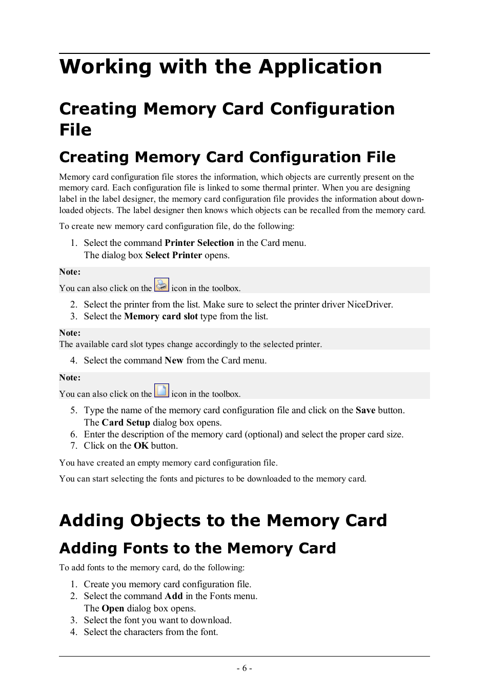 Working with the application, Creating memory card configuration file, Adding objects to the memory card | Adding fonts to the memory card | QuickLabel NiceMemMaster User Manual | Page 6 / 13