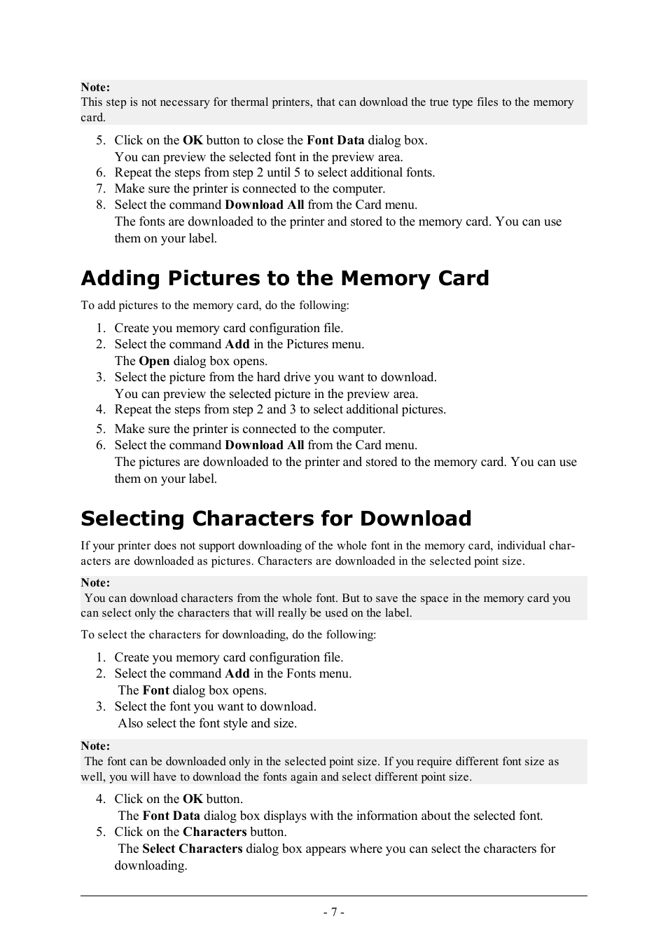 Adding pictures to the memory card, Selecting characters for download | QuickLabel NiceMemMaster User Manual | Page 7 / 13