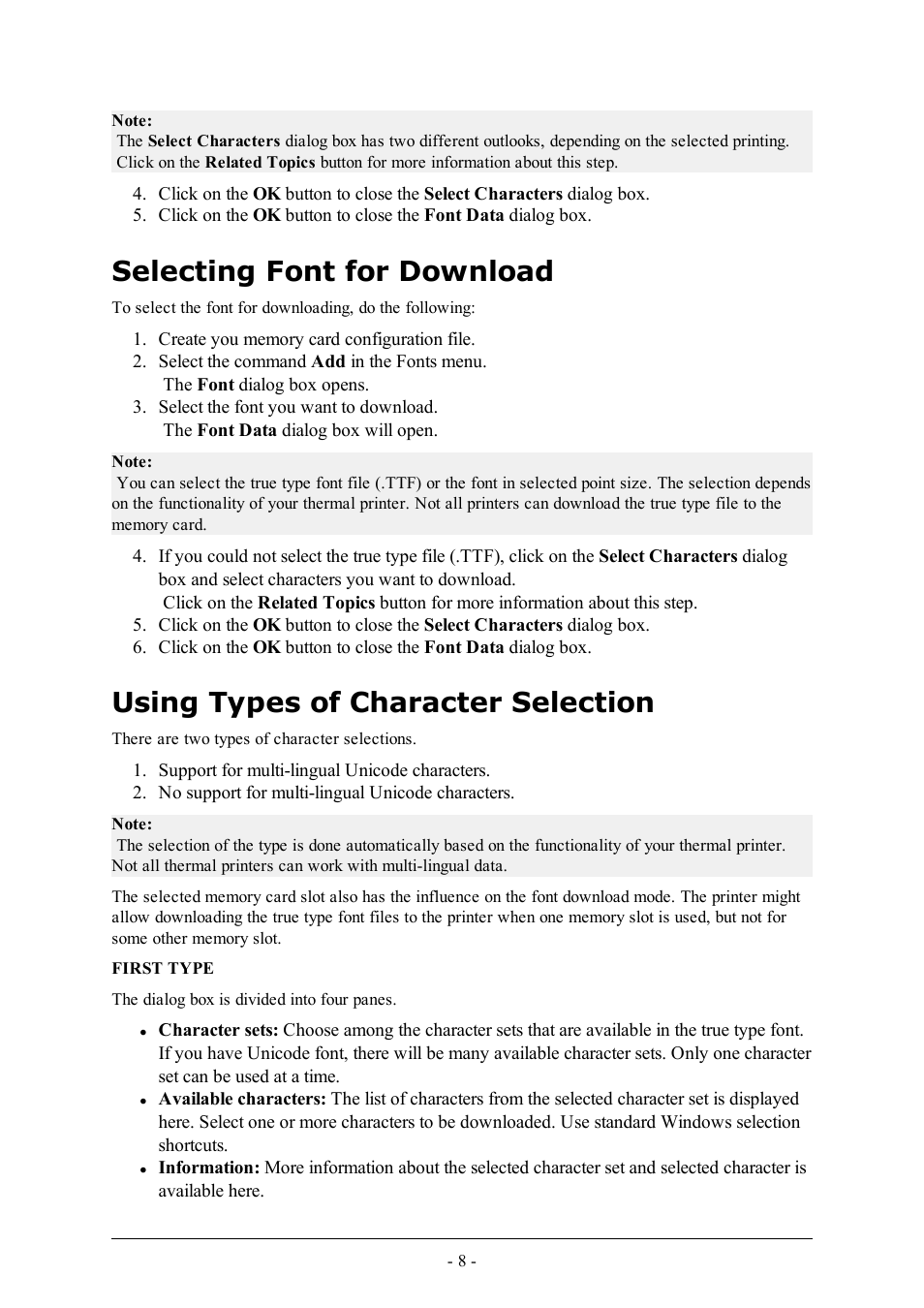 Selecting font for download, Using types of character selection | QuickLabel NiceMemMaster User Manual | Page 8 / 13