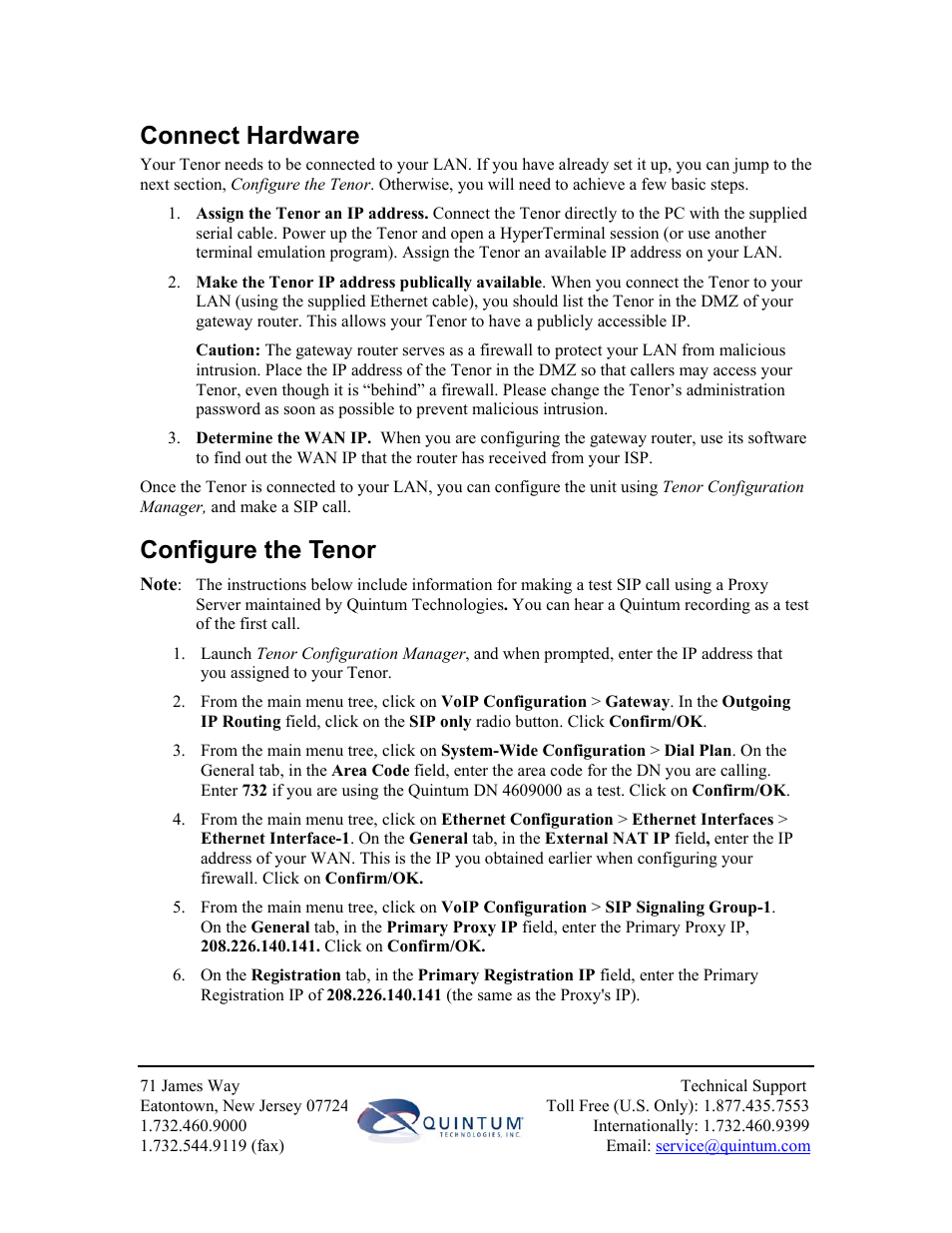 Connect hardware, Configure the tenor | Quintum Technologies SIP User Manual | Page 2 / 3