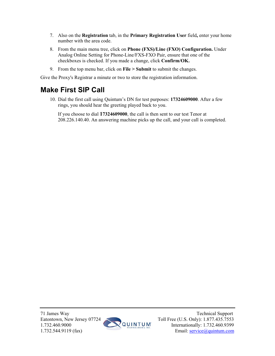 Make first sip call | Quintum Technologies SIP User Manual | Page 3 / 3