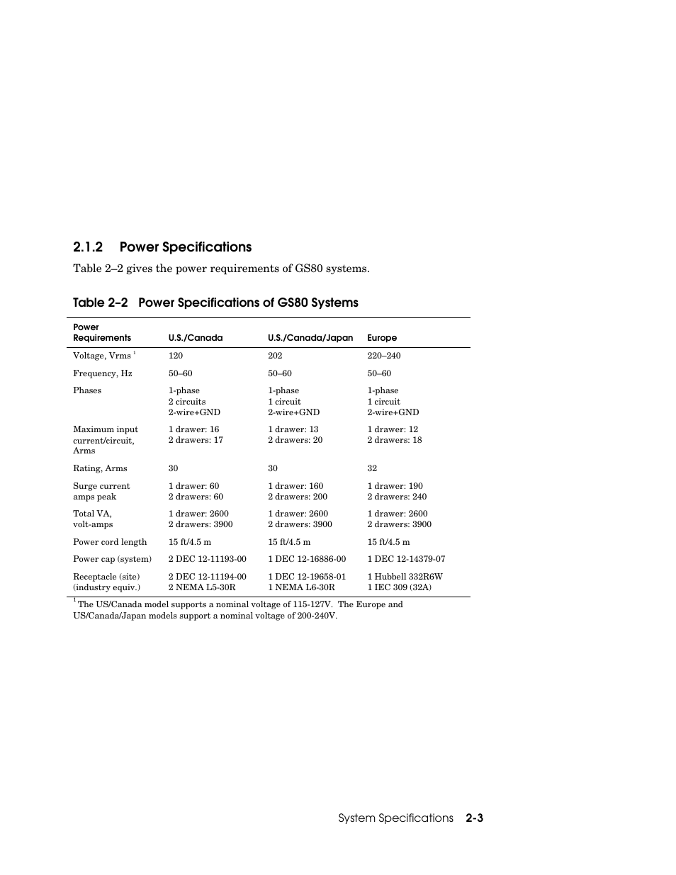 2 power specifications, Table 2–2 power specifications of gs80 systems | Compaq 320 User Manual | Page 21 / 34