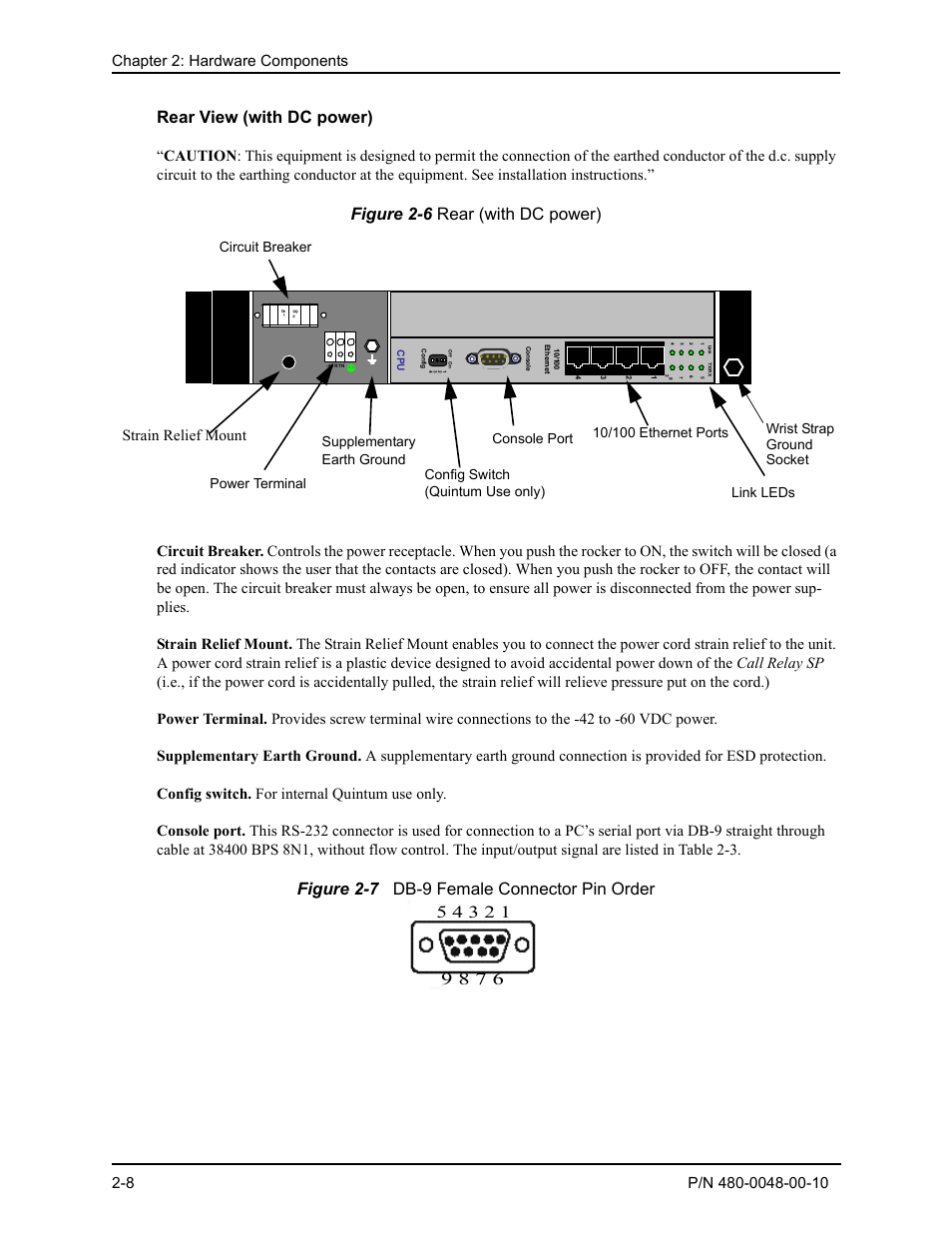 Rear view (with dc power), Rear view (with dc power) -8, Figure 2-6 rear (with dc power) | Figure 2-7 db-9 female connector pin order, Strain relief mount | Quintum Technologies Tenor Call Relay SP User Manual | Page 26 / 98