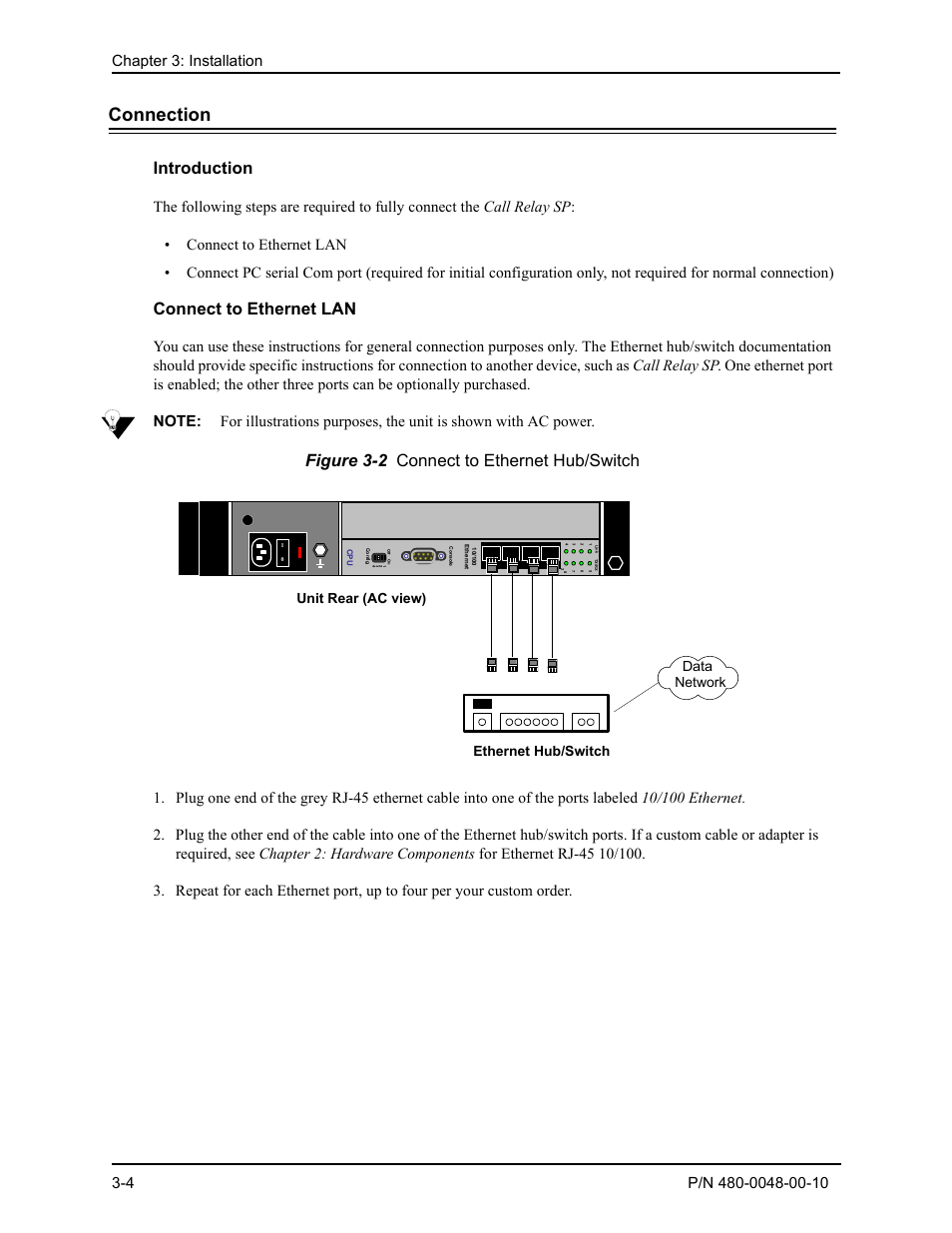 Connection, Introduction, Connect to ethernet lan | Connection -4, Introduction -4, Connect to ethernet lan -4, Figure 3-2 connect to ethernet hub/switch | Quintum Technologies Tenor Call Relay SP User Manual | Page 34 / 98